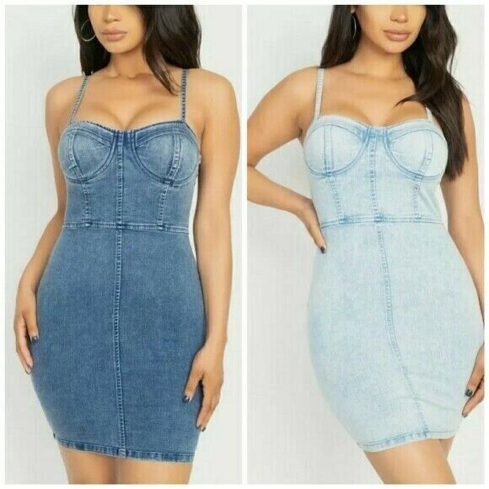 Acid Wash Sweetheart Neckline Denim Bustier Mini Dress with Stretch - Picture 5 of 12